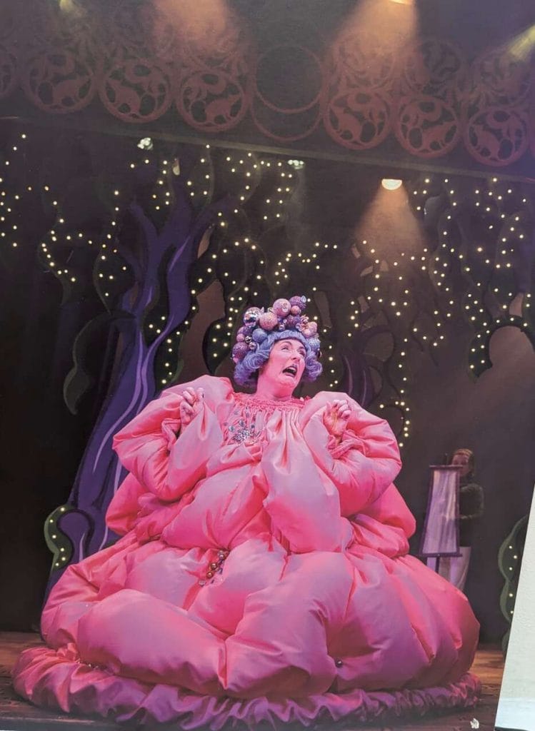 Performer in an elaborate pink ruffled costume on a sparkling stage